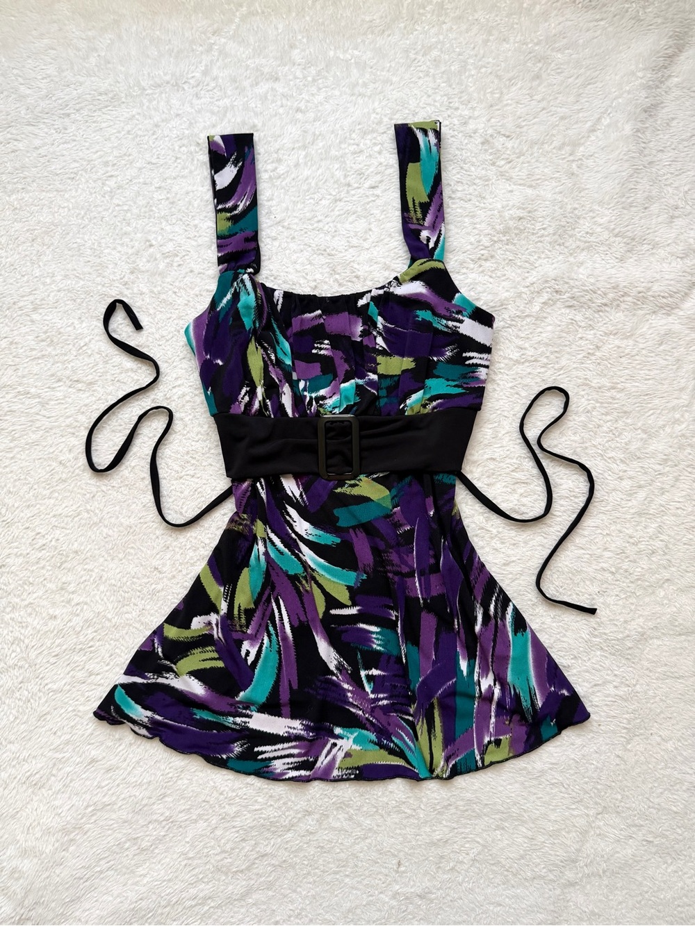 IZ Byer California Abstract Print babydoll Top with Black Waist Belt
